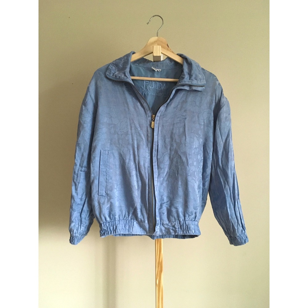 Fuda International Vintage Silk Floral Jacquard Bomber Jacket Blue Womens M